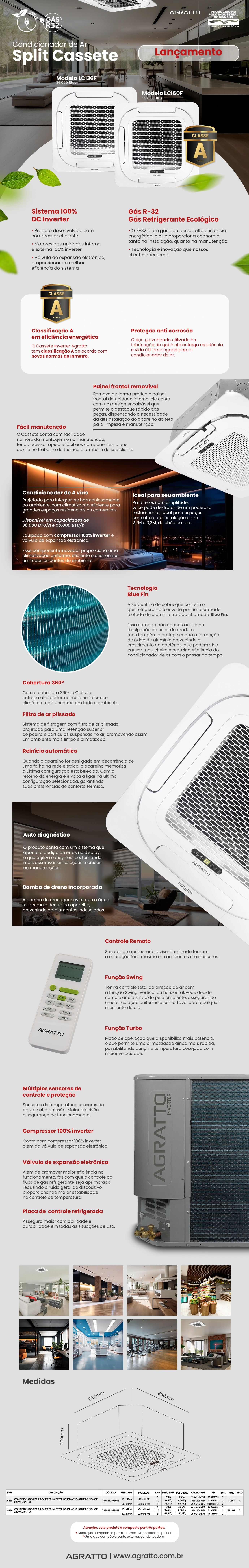 Ar-condicionado Split Cassete Inverter R-32 Agratto 36000 BTUs
